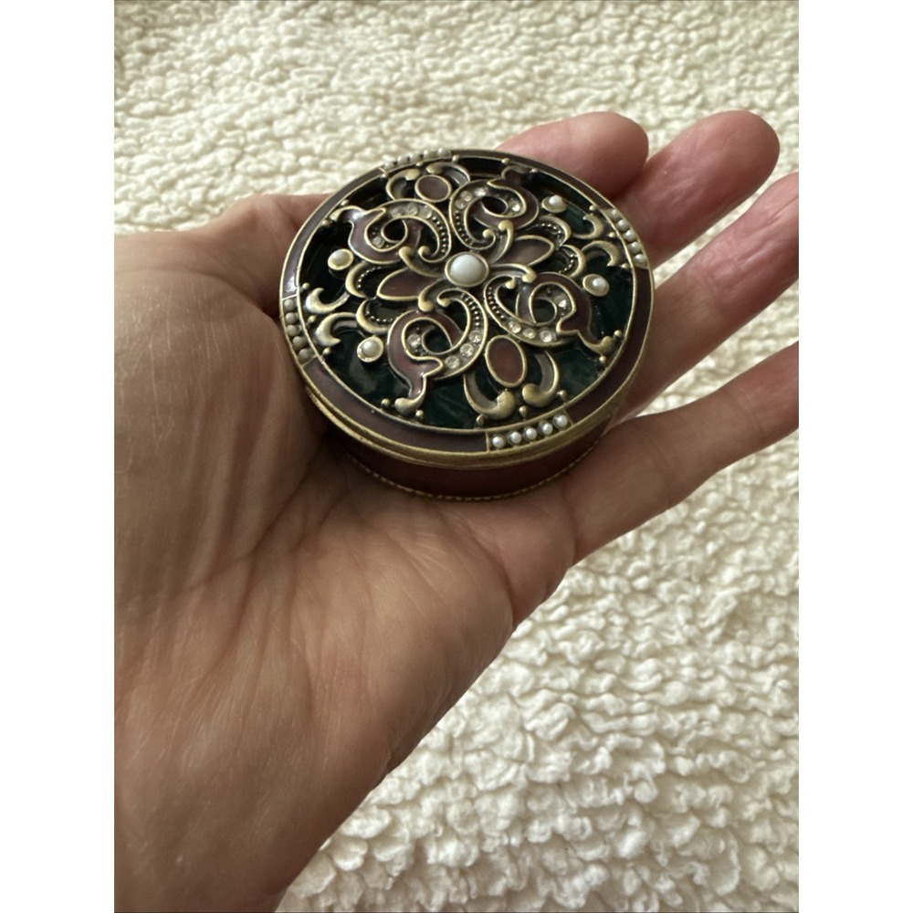 Vintage 2.5" Round Rhinestone Faux Pearls Enameled Trinket Keepsake Box Red